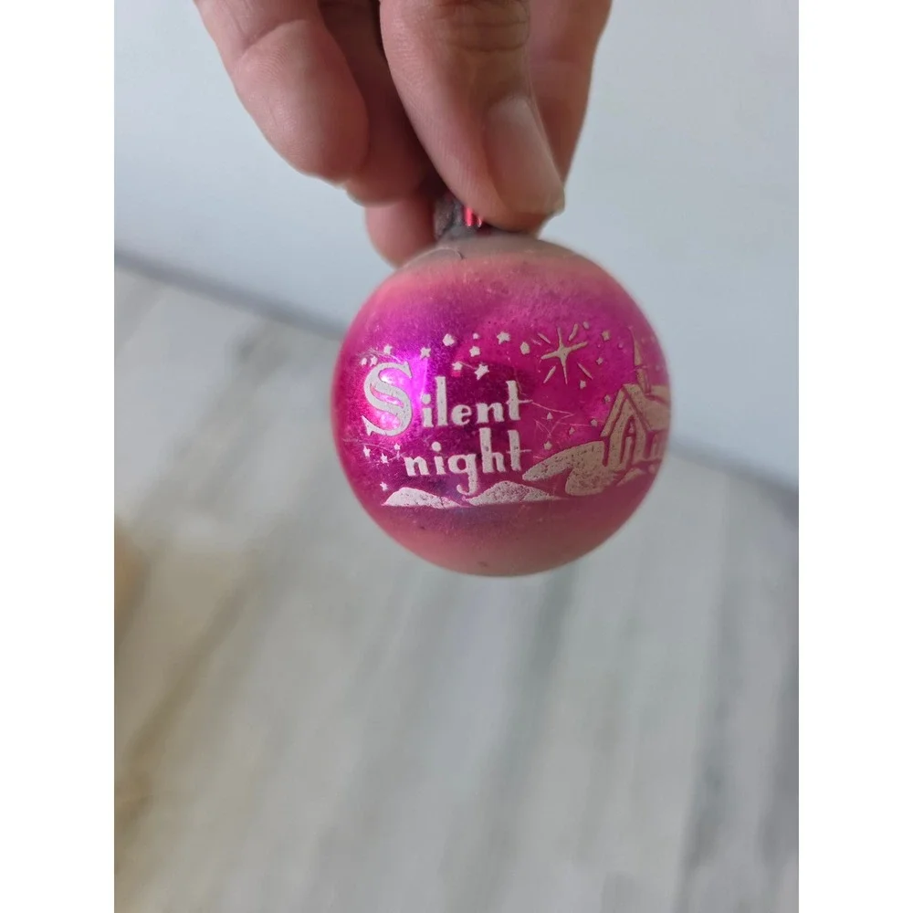 Vintage shiny brite silent night unsilvered stencil pink ombre ornament church